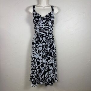 Ann Taylor Floral Midi Dress Size 10 Ruched Waist Black White Rose Print Wedding